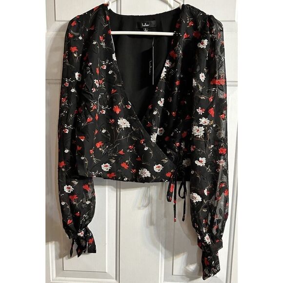 Lulus Balloon Sleeve Mock Wrap Top Black “Wrapped In Blooms” Small New W Tags - Picture 1 of 16